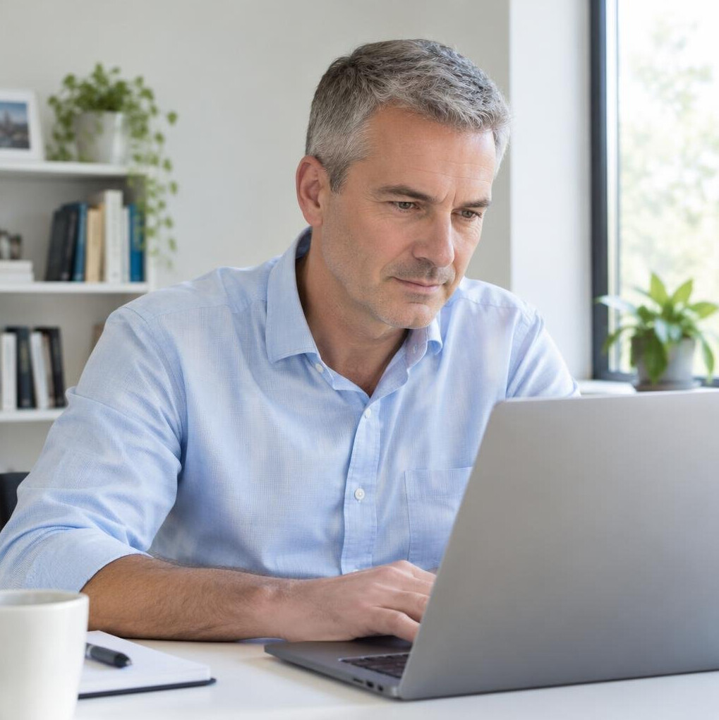 Thoughtful middle-aged man in a light shirt carefully looking at a laptop screen