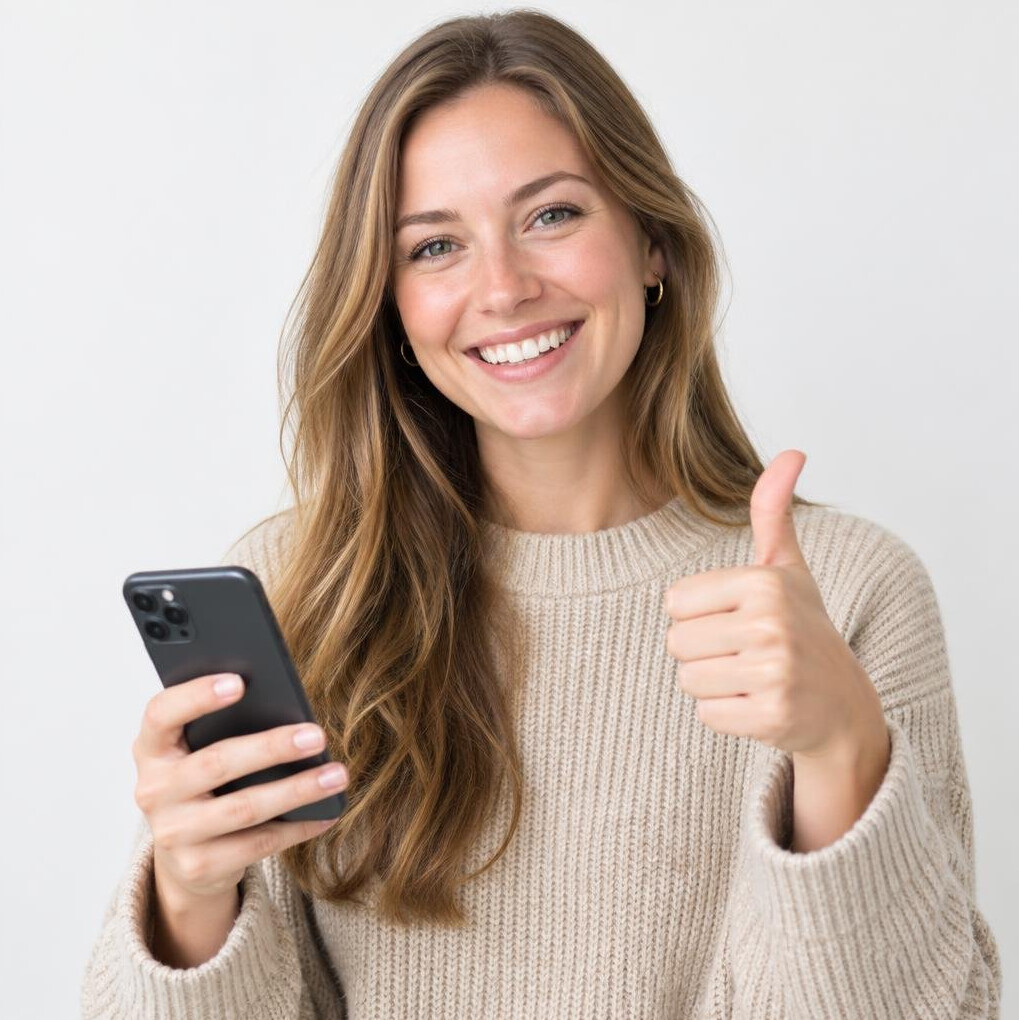 Smiling young woman in a beige sweater holding a smartphone and giving a thumbs up