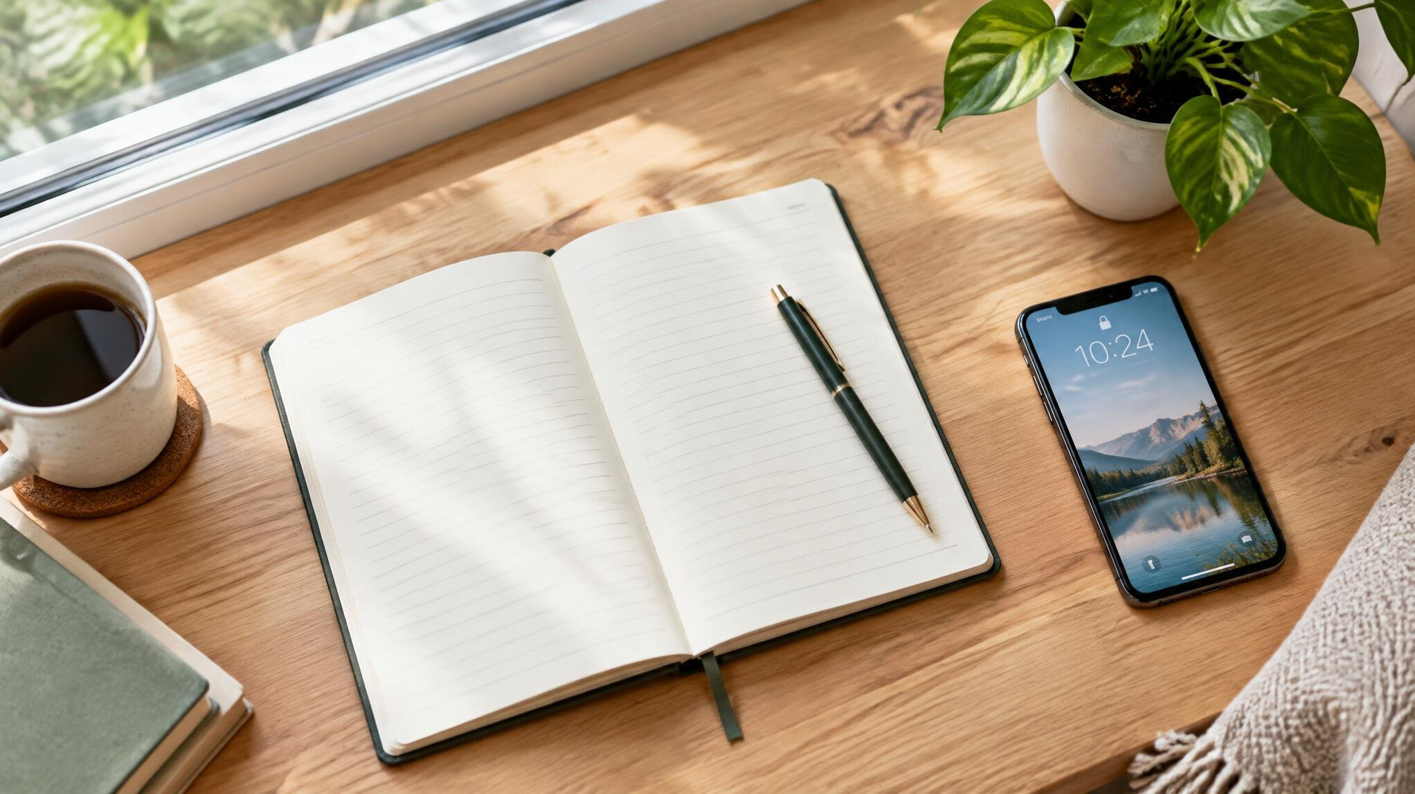 Cozy desk with an open notebook, a pen and a smartphone next to a window